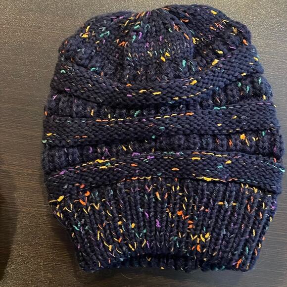 New Confetti Beanietail Ponytail Messy Bun Ribbed Beanie Hat Cap Elastic - Picture 1 of 3